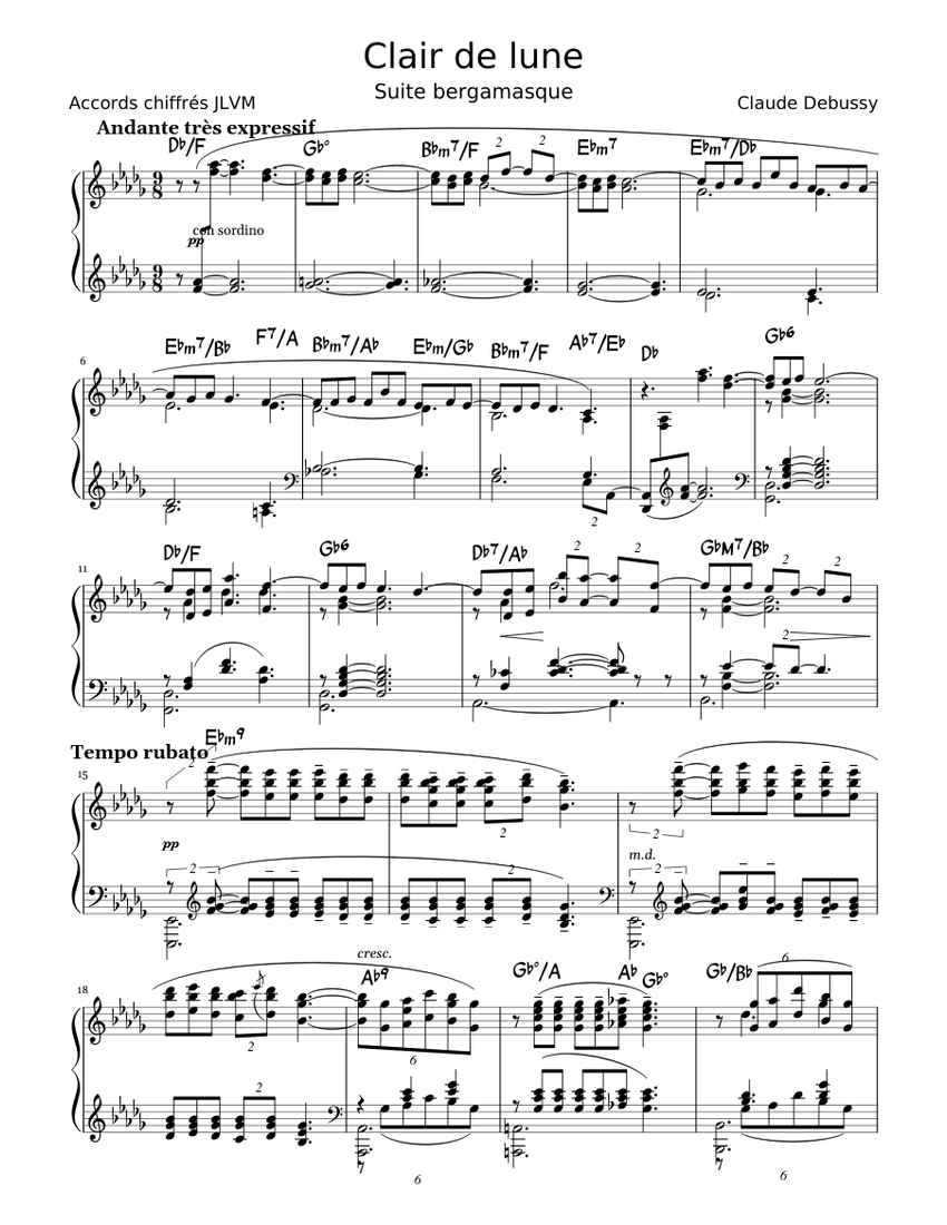 clair de lune【4年下社会11-18、5年上社会11-19回】 Clair de lune – Claude Debussy (avec accords chiffrés) Sheet