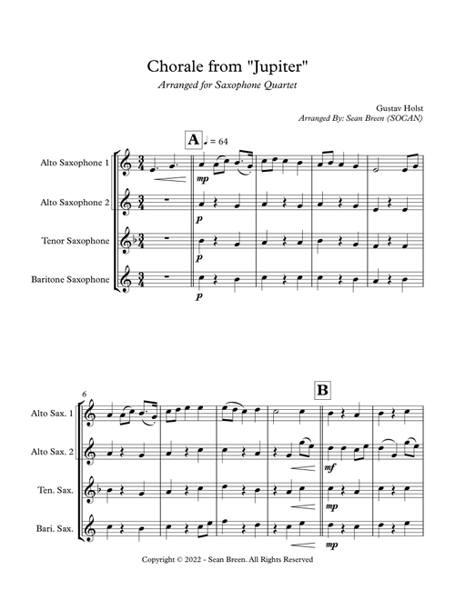 Chorale from "Jupiter" - Saxophone Quartet (Arr. Sean Breen) - Gustav Holst (Woodwind Ensemble)
