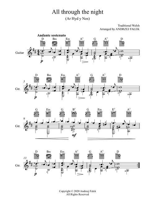 Ar Hyd y Nos (All Through The Night) (Arr. Andrzej Falek) (Solo Guitar)