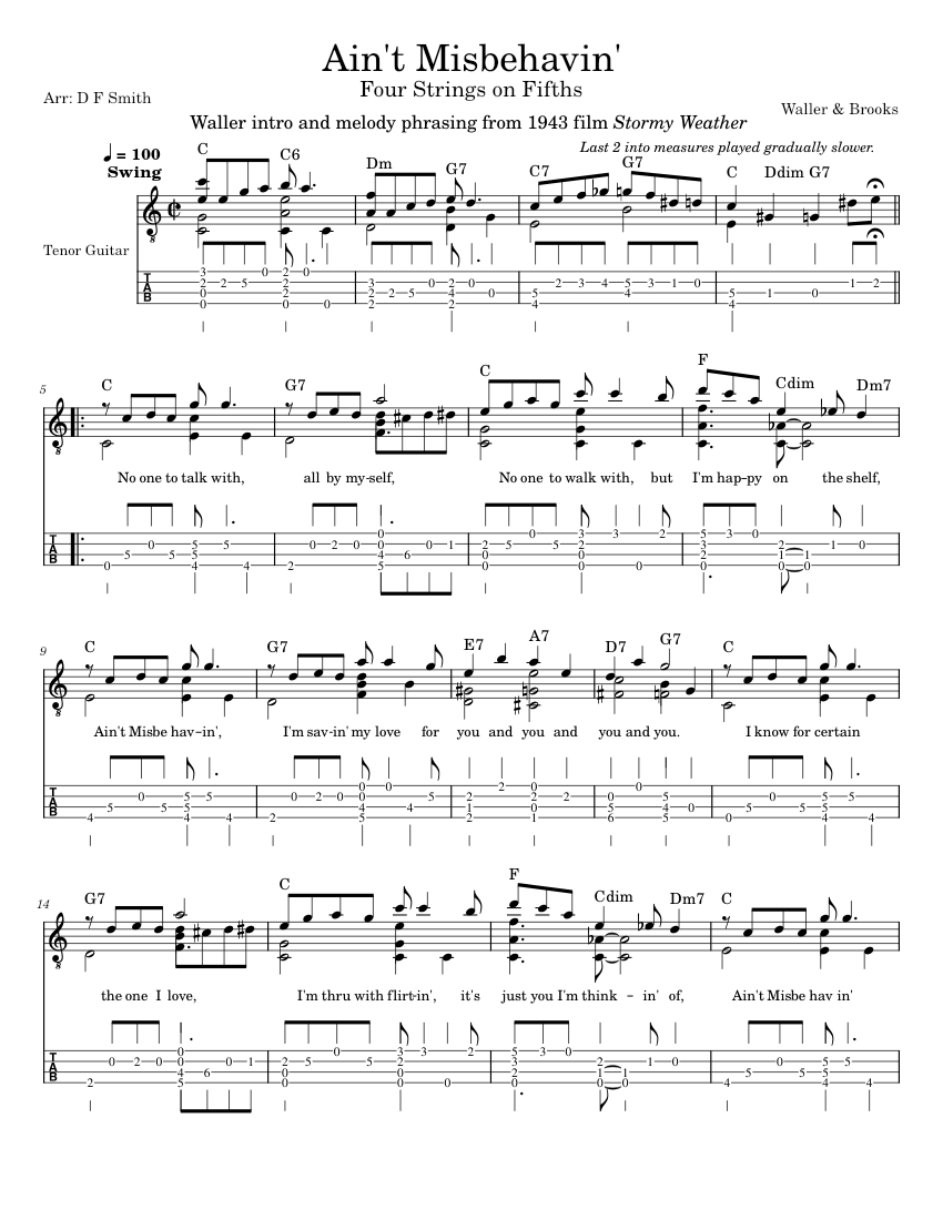 Ain't Misbehavin' Std & Tab Sheet Music with Chords for Guitar