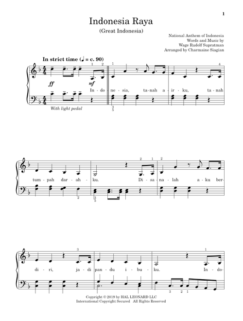 Great Indonesia (Indonesia Raya) (arr. Charmaine Siagian) - Wage Rudolf Supratman (Educational Piano)