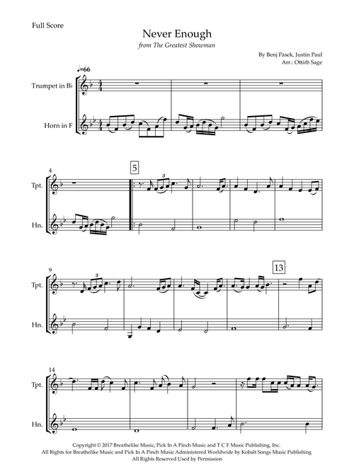Never Enough (Arr. Ottirb Sage) - The Greatest Showman Ensemble (Instrumental Duet)