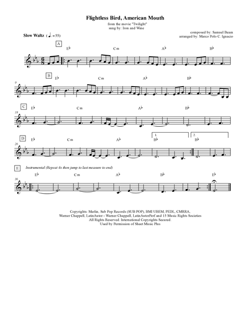 Flightless Bird, American Mouth (Arr. Marco Polo C. Ignacio) - Iron & Wine (Lead Sheet - Fake Book)
