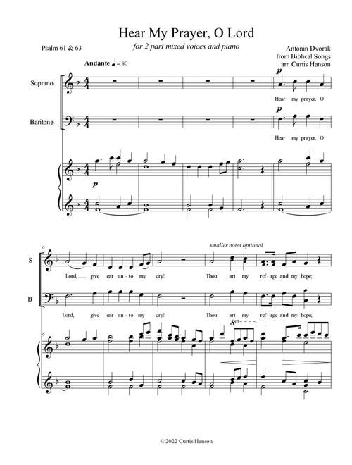 Hear My Prayer, O Lord (SB) (Arr. Curtis Hanson) - Antonin Dvorak (Choral, 2-Part)