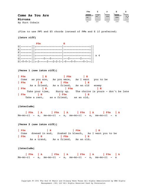 Come As You Are (Arr. Alex Davis) - Nirvana (Guitar Chords-Lyrics)
