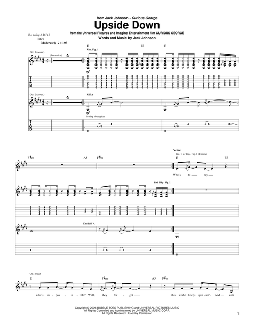 Upside Down - Jack Johnson, Curious George (Movie) (Guitar Tab)