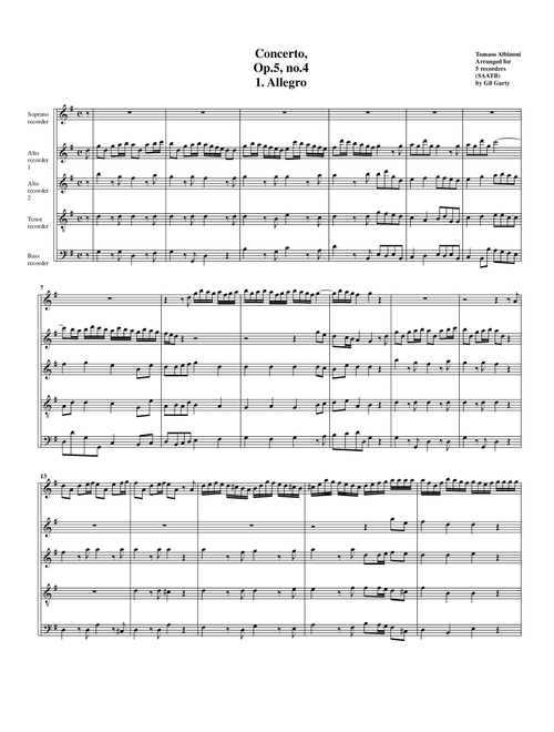 Concerto, Op.5, no.4 (arrangement for 5 recorders) (Arr. Gil Garty) - Tomaso Albinoni (Recorder Ensemble)