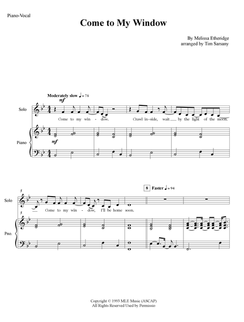 Come To My Window (Arr. Tim Sarsany) - Melissa Etheridge (Choral, SATB)