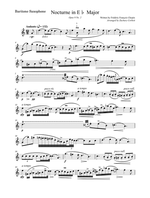 Nocturne Op 9 No 2 in Eb Major (Arr. Zachary Corbett) - Chopin (Baritone Sax and Piano)