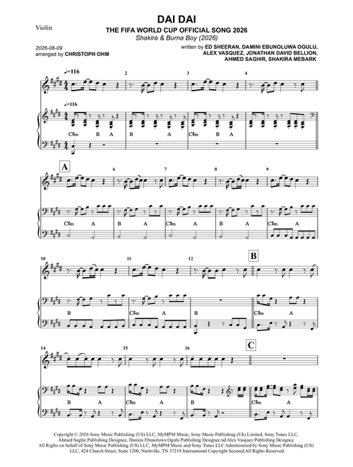 Dai Dai (Arr. Christoph Ohm) - Shakira & Burna Boy (Violin and Piano)