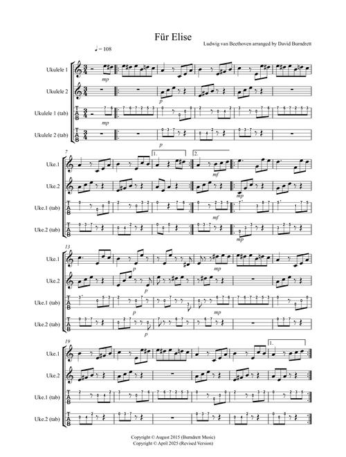 Fur Elise for Ukulele Duet (Arr. David Burndrett) - Ludwig Van Beethoven (Instrumental Duet)