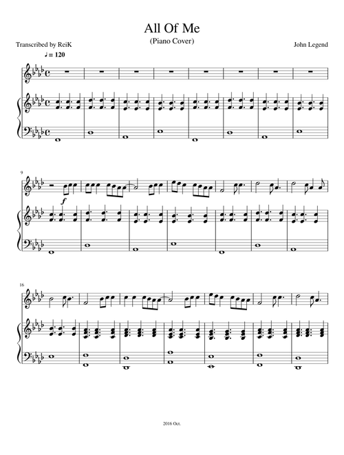 All Of Me - John Legend (Piano Cover - ReiK) sheet music arranged by Kierini