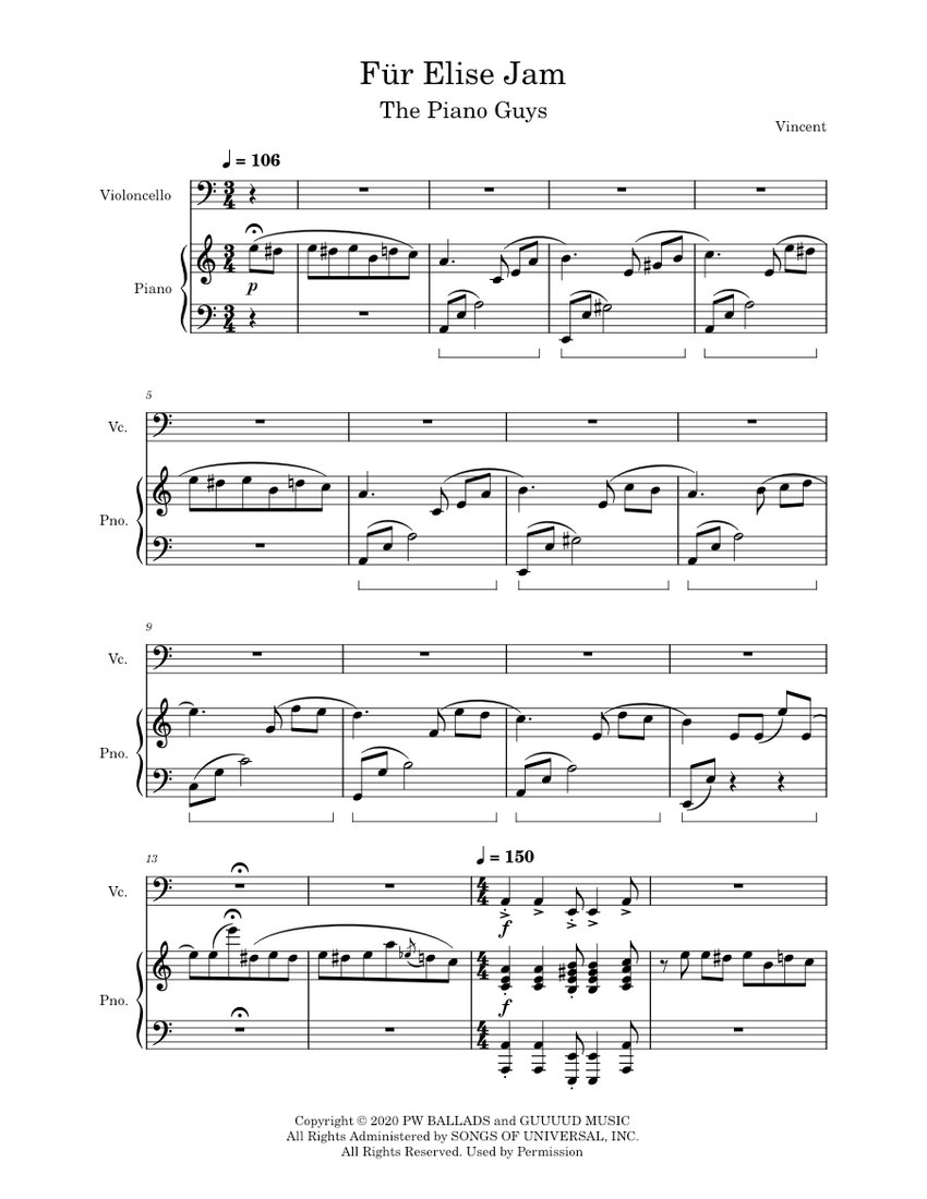 The Piano Guys Für Elise Jam Sheet music for Piano, Cello (Piano Duo