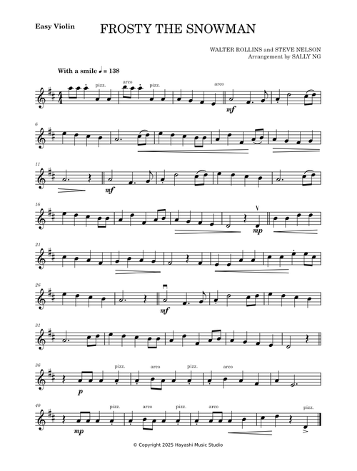 Frosty the Snowman – Steve Nelson (easy violin arr. Sally Ng)
