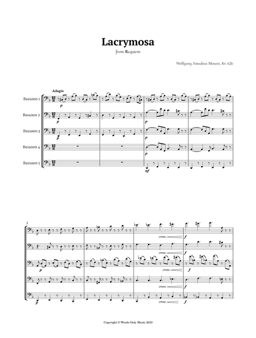 Queen of the Night Aria by Mozart for Bassoon Quintet (Arr. Ander) (Woodwind Ensemble)