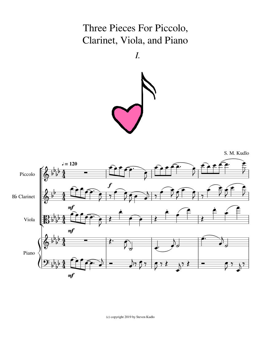Three Pieces For Piccolo, Clarinet, Viola, and Piano Sheet music for ...