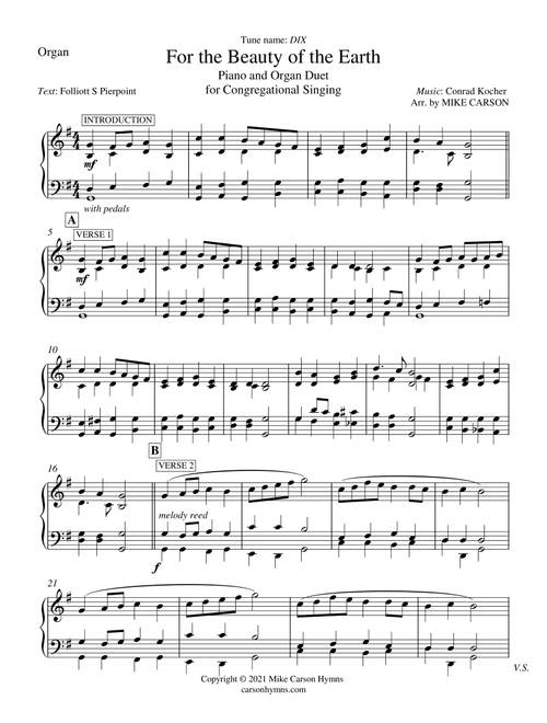 For the Beauty of the Earth (DIX) PIANO AND ORGAN DUET for Congregational Singing (Arr. Mike Carson) - Conrad Kocher (Organ and Piano)