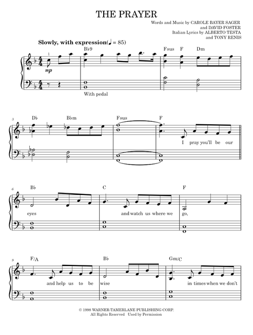 The Prayer - David Foster, Josh Groban (Easy Piano)