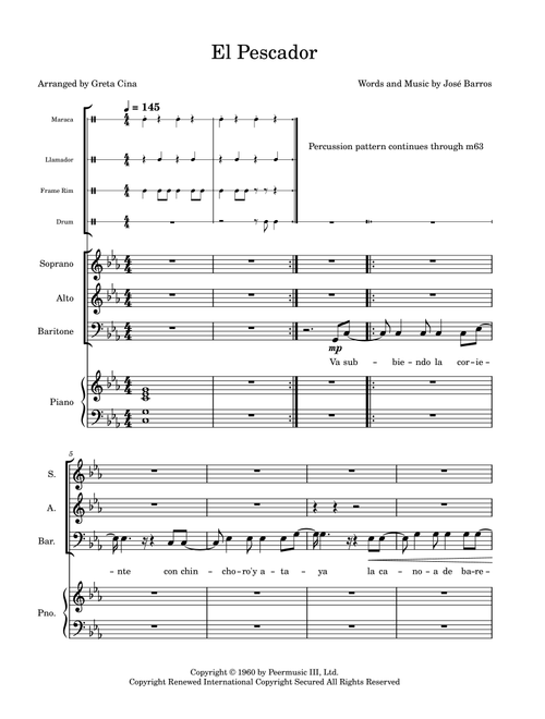 El Pescador (Arr. Greta Cina) - Jose Barros (Choral, SAB)