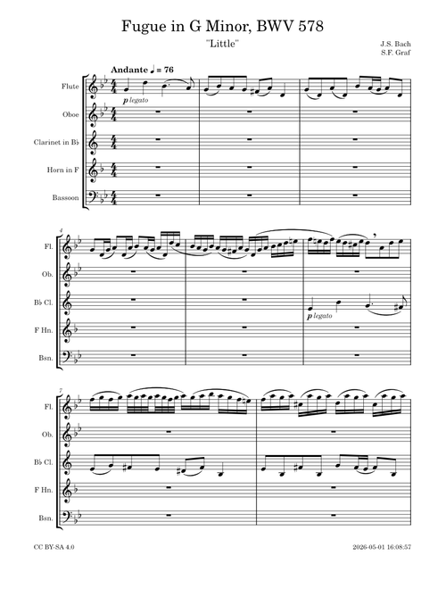 Fugue in G minor, BWV 578 – Johann Sebastian Bach – Woodwind Quintet – MuseScore 4