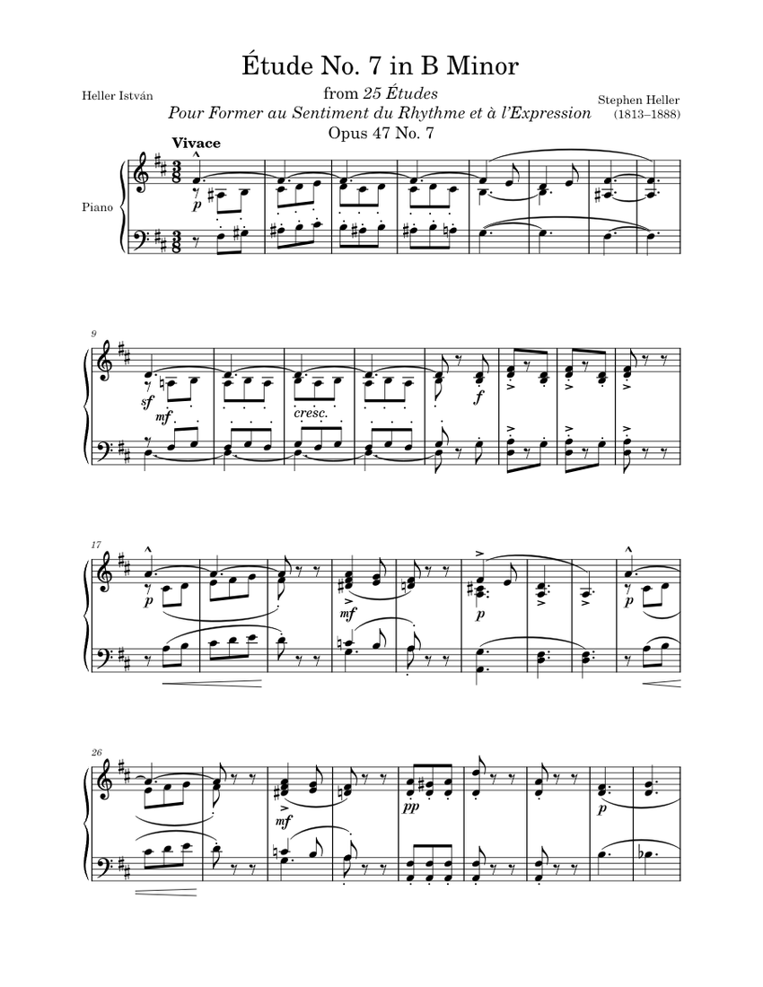  tude opus 47 no 7 in b minor heller sheet music for piano solo