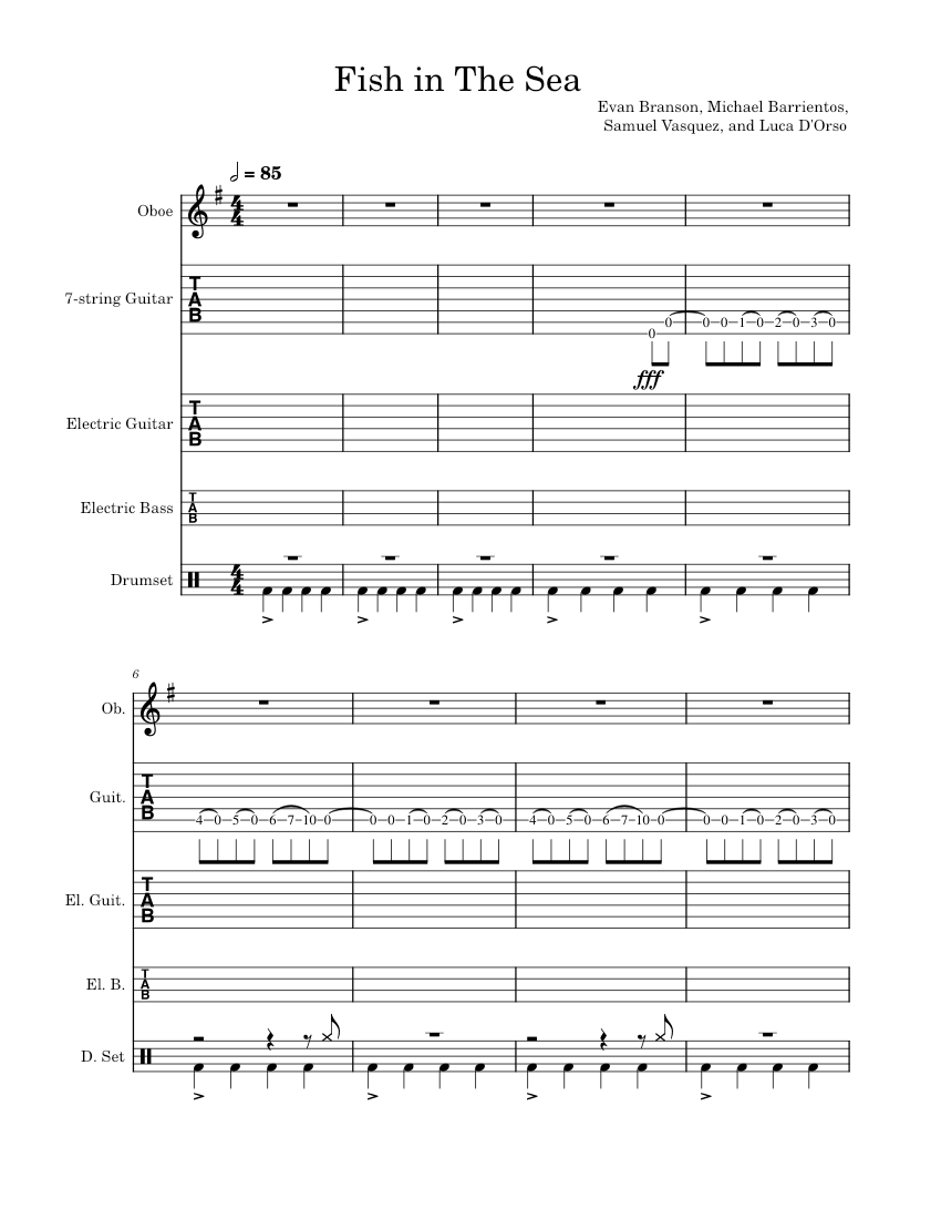 Fish Tab Fish in The Sea Sheet Music and Tab for Oboe, Guitar, Bass guitar, Drum ...