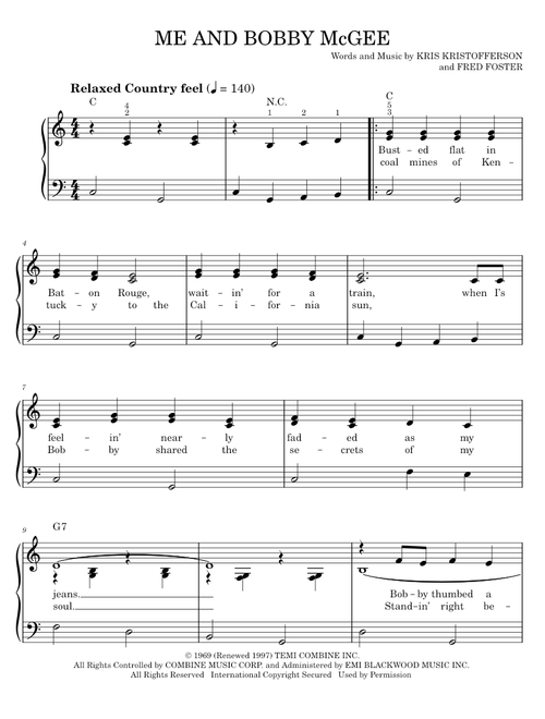 Me And Bobby McGee - Janis Joplin, Kris Kristofferson (Easy Piano)