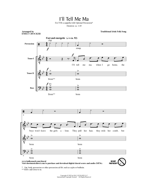 I'll Tell Me Ma (arr. Emily Crocker) - Traditional Irish Folk Song (Choral, TTB)