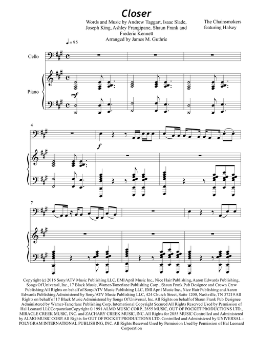 Closer (Arr. James M. Guthrie, ASCAP) - The Chainsmokers Feat. Halsey (Cello and Piano)