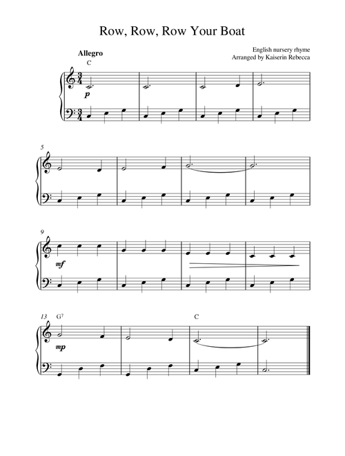 Row, Row, Row Your Boat (for piano solo with chords) (Arr. Kaiserin Rebecca) - English nursery rhyme (Easy Piano)