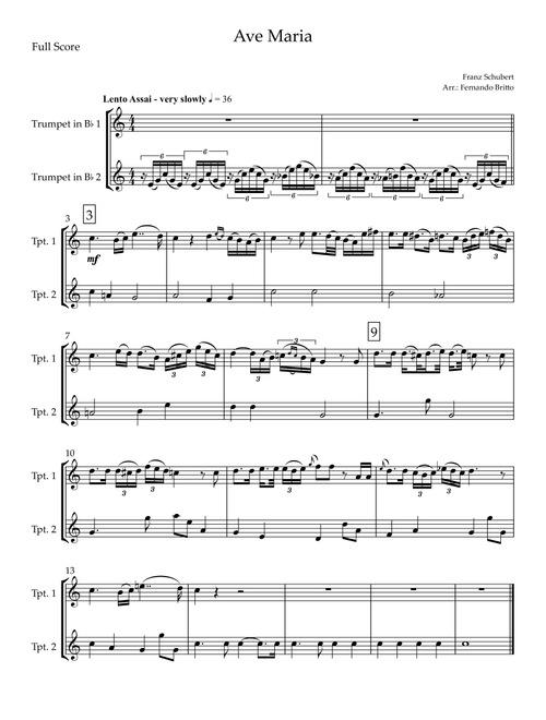Ave Maria (Franz Schubert) for Trumpet in Bb Duo (Arr. Fernando Britto) (Trumpet Duet)