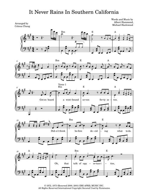It Never Rains In Southern California (Arr. Celena Chang) - Albert Hammond (Piano Solo)