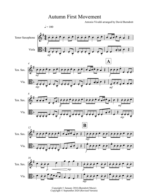 Autumn "Four Seasons" for Tenor Saxophone and Viola Duet (Arr. David Burndrett) - Antonio Vivaldi (Instrumental Duet)