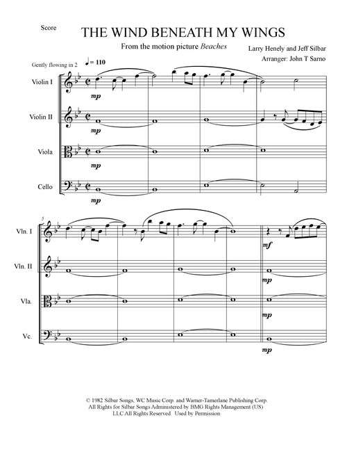 The Wind Beneath My Wings (Arr. Arranger: John T Sarno) - Bette Midler (String Quartet)