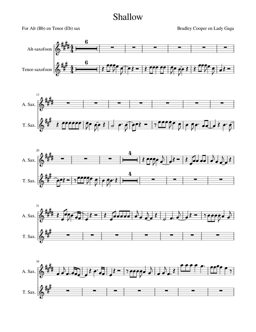 Shallow Sheet music for Saxophone alto, Saxophone tenor (Woodwind Duet)