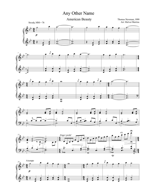 Any Other Name (Arr. Piano Palt) - Thomas Newman (Piano Solo)
