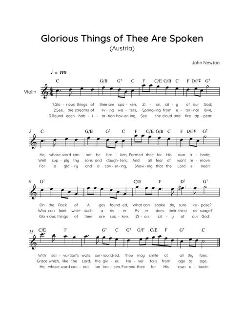 Glorious Things of Thee Are Spoken (Austria) - Violin in C Easy with Chords and Lyrics (Arr. MissoRB) - John Newton (Violin Solo)