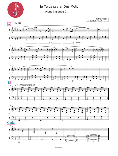 Je te laisserai des mots | Piano - Niveau 2