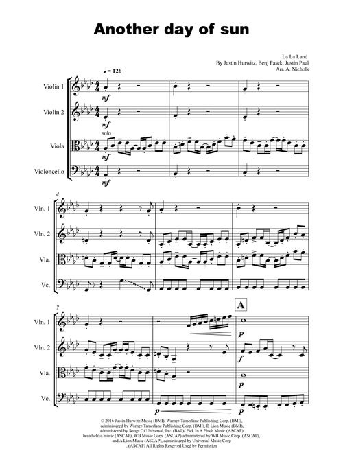 Another Day Of Sun (Arr. A. Nichols) - La La Land Cast (String Quartet)