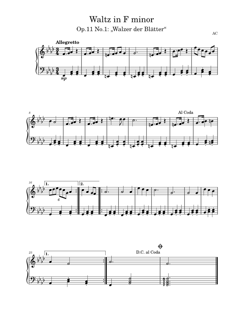 Waltz in F minor Op.11 No.1 „Walzer der Blätter“ piano tutorial