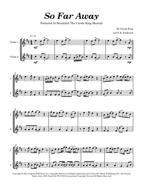 So Far Away (Arr. P. R. Frederick) - Carole King (Violin Duet)