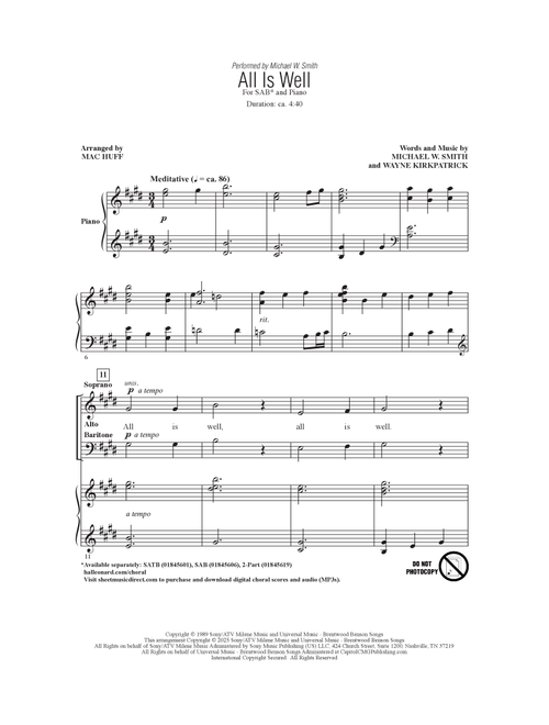All Is Well (arr. Mac Huff) - Michael W Smith (Choral, SAB)