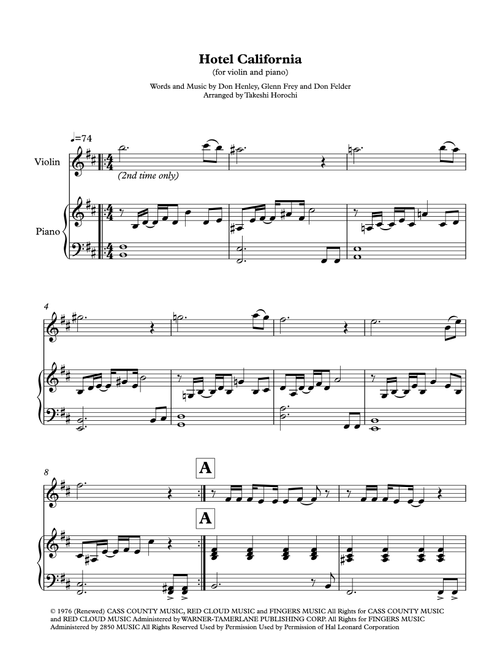 Hotel California (Arr. Takeshi Horochi) - Eagles (Violin and Piano)