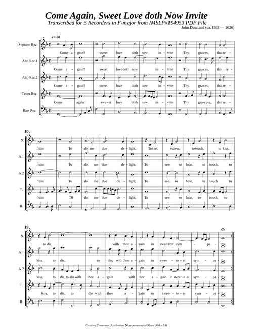 Dowland, J. _ Come Again, Sweet Love doth Now Invite [5 Recorders]