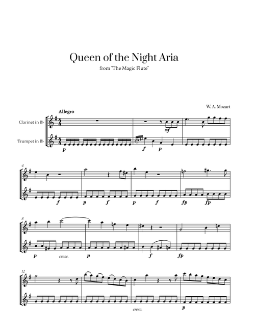 W. A. Mozart - Queen of the Night Aria (for Clarinet and Trumpet) (Arr. Cadenza Editions) - W A Mozart (Instrumental Duet)