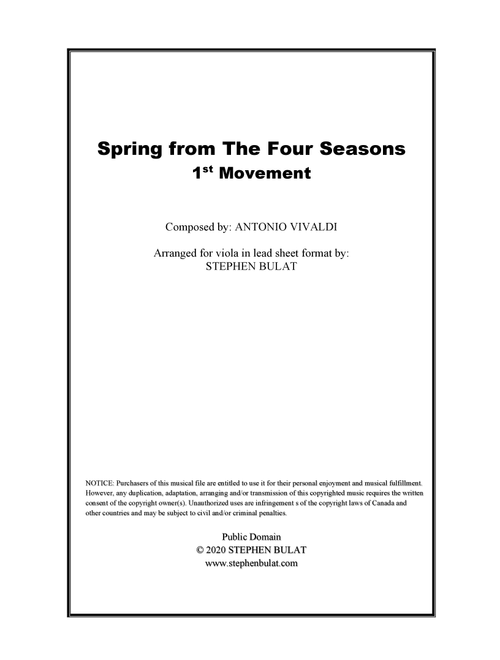 Spring - 1st Movement from "The Four Seasons" (Vivaldi) - Lead sheet (key of G) (Arr. Stephen Bulat) - Antonio Vivaldi (Large Ensemble)