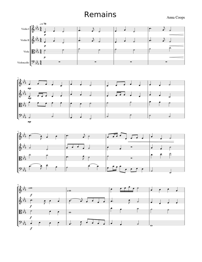 Remains Notes Remains 1 Sheet music for Violin, Viola, Cello (String Quartet ...