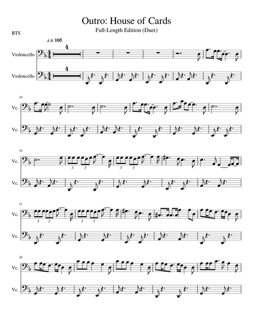 Outro: House of Cards by BTS for Cello (Full-Length Edition) [Solo or Duet]