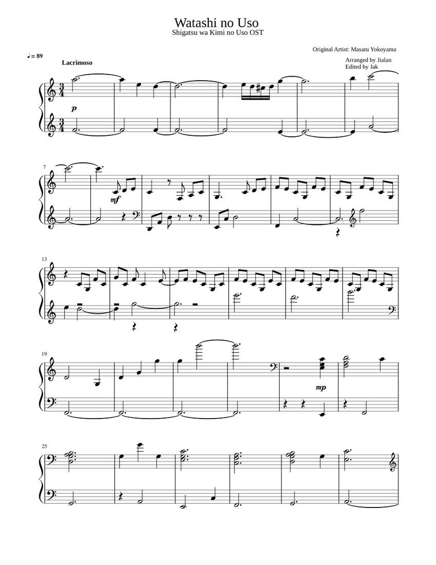 Watashi no Uso v2 Sheet music for Piano (Solo) | Musescore.com