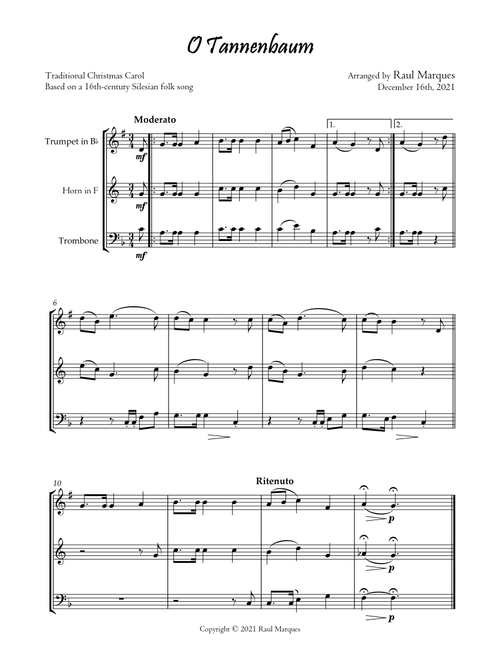 O Tannenbaum (for Brass Trio) (Arr. Raul Marques) - Traditional Christmas Carol (Brass Ensemble)